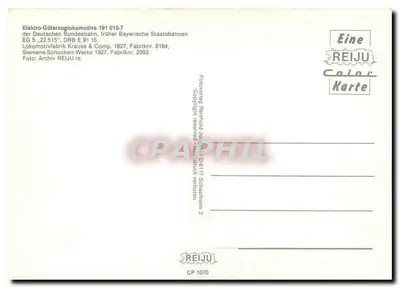 Lokomotive 191 015-7 — Deutsche Bundesbahn — REIJU Color Karte CP 1070 — Verso