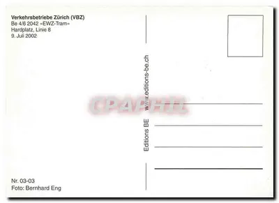 Tram em Hardplatz — Zurique — Editor: Editions BE, n° 03-03 — Verso