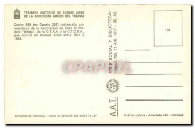 Tramway histórico de Buenos Aires — Coche 652 (ex Oporto 252) — Tramway Histórico de Buenos Aires — Verso
