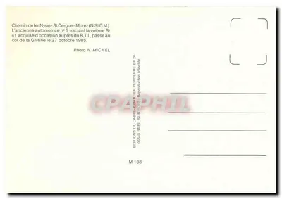 Linia kolejowa Nyon-St-Cergue-Morez — samochód lokomotywny nr 5 ciągnący wagon B-41 — Wydawnictwo Cabril-sur-Bréil — Rewers
