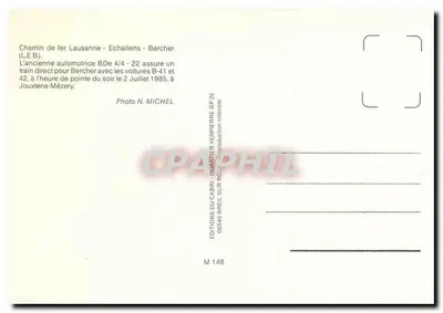Zakład kolejowy Lausanne - Echallens - Bercher — Stara lokomotywa BDe 4/4 - 22 z wagonami B-41 i B-42 — Wydawnictwo Cabri, BP 26, 08540 Brelis-sur-Roza — Rewers