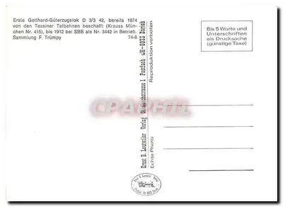 Locomotiva a vapor D 3/3 n° 42 — Erste Gotthard-Güterzuglok — Editor Ernst B. Leuwyler, Zurique — Verso