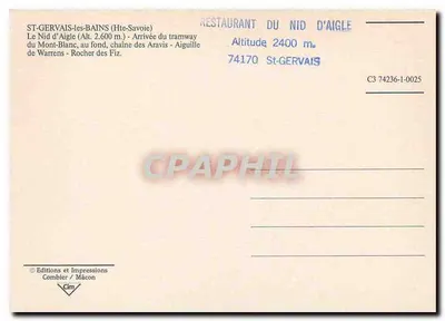 St-Gervais-les-Bains — Chegada do trem do Mont-Blanc — Éditions et Impressions Combier / Mâcon, n° C3 74236-1-0025 — Verso