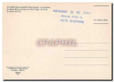 St-Gervais-les-Bains — Trem do Mont-Blanc para o Nid d'Aigle — Éditions et Impressions Combier / Mâcon, série C3 74236-1-0026 — Verso