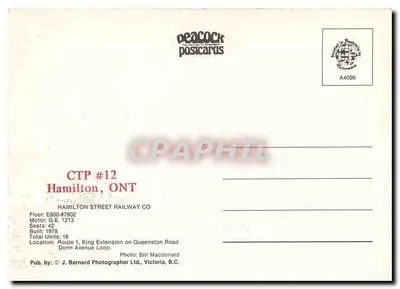 Bus King 1 — Hamilton Street Railway Co — Peacock Postcards — Verso