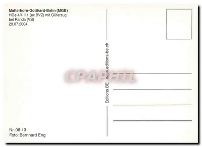 Matterhorn-Gotthard-Bahn — HGe 4/4 II (ex BVZ) com trem de carga em Randa (VS) — Editions BE — Verso