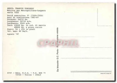 Tramway de Turim — série 7000 — editor M.C.S. - Torino — Verso