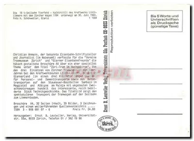 Tramwaj kablowy Linth-Limmern — Szwajcaria — Wydawca Ernst B. Leutwiler, Zurych — Rewers