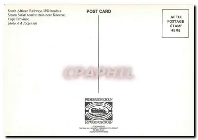 Trem a vapor perto de Knoetze — South African Railways 19D — Publicado por The Railway Society of S.A. — Verso