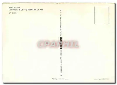 Barcelona — Monumento a Colón e Porta da Paz — editor PEUYO, n.º B 0254 — Verso