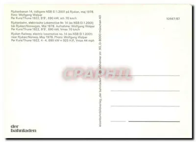 Locomotiva elétrica NSB EI 1.2001 — Rjukanbanen, Noruega — editor der bahnladen, n° 10467/87 — Verso