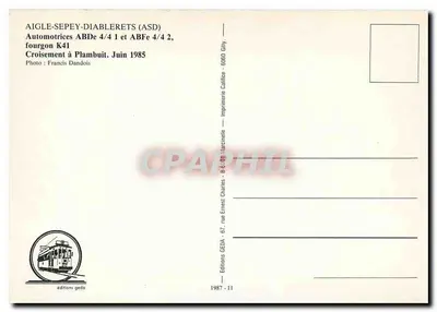 Aigle-Sepey-Diablerets (ASD) — Automotrices ABDc 4/4 1 e ABFe 4/4 2, vagão K41 — Cruzamento em Plambuit — Edições GEDA, 1987 — Verso
