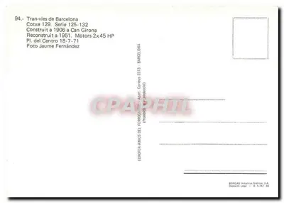 Tramwaj z Barcelony — Cotxe 129, seria 125-132 — Wydawca EUROFER-AMICS DEL FERRICULTUR — Rewers