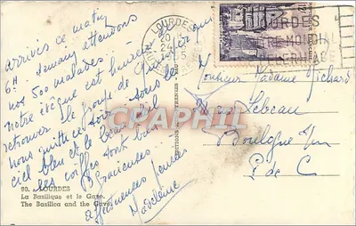 Lourdes — Widok na Bazylikę i rzekę Gave — Wydawnictwo Mauvilliers, nr 90 — Rewers