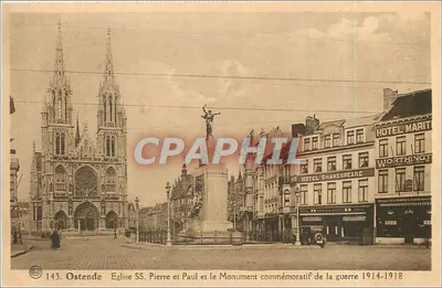 Ostende — Igreja SS. Pedro e Paulo e o Monumento Comemorativo da Guerra 1914-1918 — Phototype A. Dolmen, Bruxelas