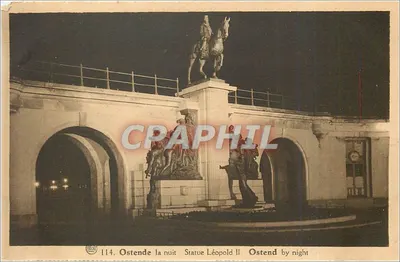 Ostende à noite — Estátua de Léopold II — Fototipia A. Dohmen, Bruxelas