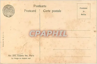 A Virgem com o travesseiro verde — Solario fec. Paris — No. 350 — Hallolint M. B. & Co. — Verso