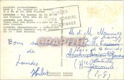 Lourdes (Hautes-Pyrénées) — Widok z powietrza na Bazylikę i Pic du Jer — Wydawnictwo Véritable — Rewers