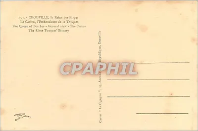 Trouville, a Rainha das Praias — O Casino, a Embocadura da Touques — Editor: Cartes 'La Cigogne', 35 Avenue de la République, Deauville — Verso