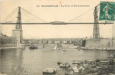 Marselha - O Ponte de Transbordeur — vista do porto com ponte suspensa e barcos — editor desconhecido, n° 19