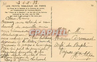 Bilhete postal antigo Paris A Praça da Bastilha e a Coluna de Julho — Verso