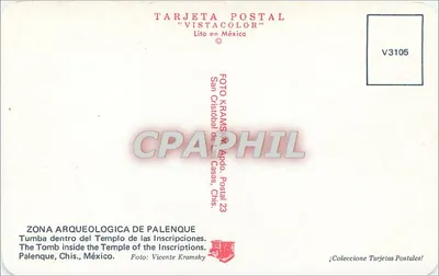 Tumba no Templo das Inscrições — Palenque, Chiapas — editor Vistacolor, n° V3105 — Verso