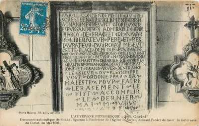 A Auvergne pitoresca — 4855. Carlat — Documento autêntico de Sully figurando no interior da igreja de Carlat, dando a ordem de demolição da fortaleza