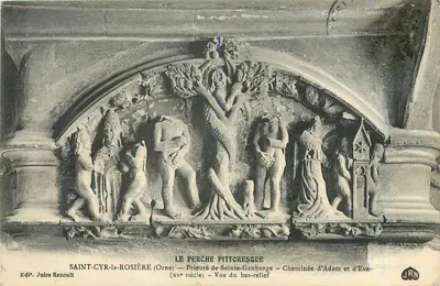 Saint-Cyr-la-Rosière (Orne) — Priorado de Santa Gauburge — Lareira de Adão e Eva — Vista do bas-relief (século xv)