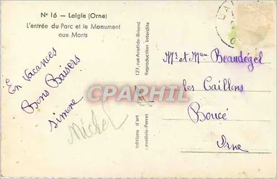 Laigle (Orne) — A entrada do Parque dos Mortos e o Monumento aos Mortos — Éditions d'art Levallois-Perret, n°16 — Verso
