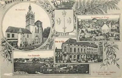 Saulieu — Vista da cidade com vista da torre da igreja, do campo de feira e do hotel de cidade — G. Gervais, editor, Saulieu
