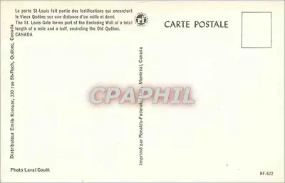 Porta Saint-Louis — Québec, Canadá — Editor Emile Kirrouac, n° RF-622 — Verso