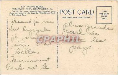 Ponte Rex Avenue, Parque Fairmount, Filadélfia, PA — editora Lynn H. Boyer & Wildwood, PA, número de série 3A-H124 — Verso
