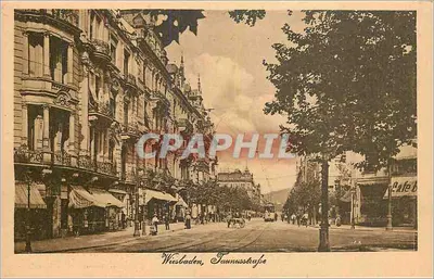 Wiesbaden, Taunusstraße — vista da rua com edifícios e trem elétrico — M. Jacobi, Postkarten-Verlag, Frankfurt a. M.