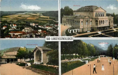 Bad Langenswalbach — vista panorâmica do Kurhaus, do Konzertplatz e do Tennis-Platz — editor Heidickerkarte Zähler, München, n° 8887