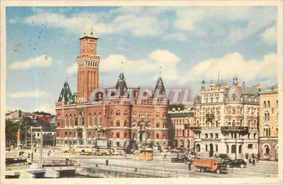 Hälsingborg, Rådhuset — visão da praça com edifício central e edifício bancário — editor H. H. Hälsingborg