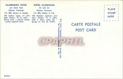 Hotel Clarendon — Quebec — wydawca Lithographing Ltd. nr B1368-C — Rewers