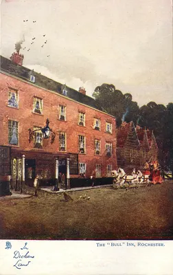 O "Bull" Inn, Rochester — vista do estabelecimento com carruagem — Sr. Dickens Land