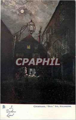 Pátio, "Bull" Inn, Rochester — vista noturna com lanterna — editor Raphael Tuck & Sons