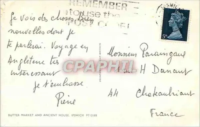 Mercado de Manteiga e Casa Antiga — Ipswich — Impresso na Grã-Bretanha PT13188 — Verso