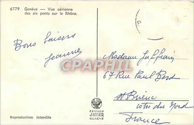 Genève — Vue aérienne des six ponts sur le Rhône — Éditions Jaeger — Verso