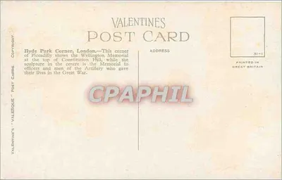 Hyde Park Corner, Londyn — widok placu z pomnikiem Wellingtona i pomnikiem artylerii — Valentine's Post Card n°38692 — Rewers