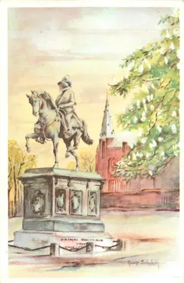 Estatua equestre de Willem de Zwijger em La Haye — aquarela original de George Schulein — edição Amsterdam