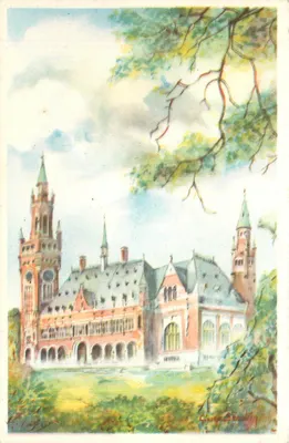 Vredespaleis Den Haag — aquarela original — edição "Remerandt" Amsterdam