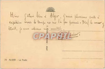 Budynek pocztowy, telegraficzny i telefoniczny — Algier — wydawca La Poste, nr 79 — Rewers