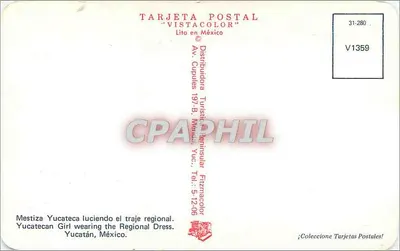 Kobieta z Yucatána — w stroju regionalnym — Distribuidora Turística Vistacolor, seria V1359 — Rewers
