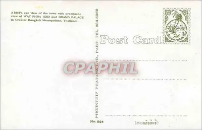 Widok z lotu na Duży Pałac i Wat Phra Keo w Bangkoku — wydawca Phornthip Phatana Ltd., nr 1104 — Rewers