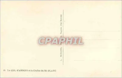 Stara pocztówka Col d'Arbois i łańcuch Mt-Blanc — L. MORAND, Drukarnia Mt. Megève (Île Savoie) — Rewers