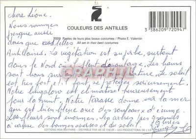 Trzy kobiety i dziecko w tradycyjnych strojach antylskich — Wydawnictwo HOA-QUI PARIS, nr 7009 — Rewers