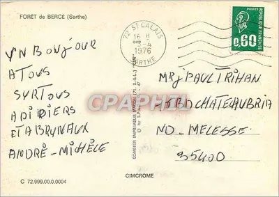 Floresta de BERCÉ — Fonte da Hermitière, Fonte da Coudre, Velho carvalho Boppe, Auberge da Hermitière — Graphphil, n°72 — Verso