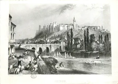 Chinon — vista do castelo e do ponte — gravura de Bougaud
